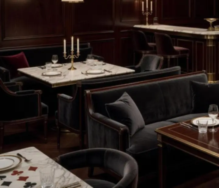 Restauracja zamieniona w nastrojowy klub rozrywki z motywem pokerowym, designerskie stoły i światło