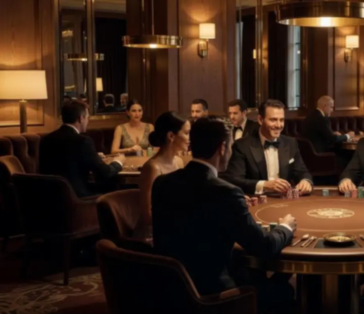 Cinematiczny wieczór pokerowy w luksusowej restauracji – eleganccy goście, podświetlone stoły i nastrojowe światło