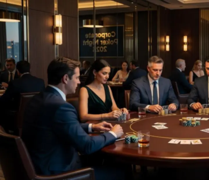 Zespół firmowy integrujący się przy stołach pokerowych podczas eleganckiego eventu