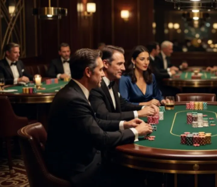 Kinowo oświetlony wieczór pokerowy w eleganckiej restauracji z gośćmi przy kartach i kieliszkach wina