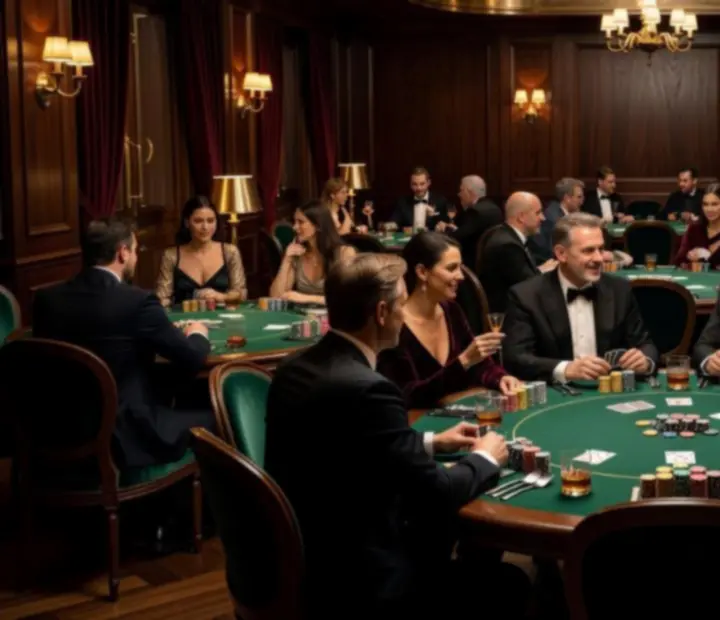 Elegancki pokerowy stół przygotowany w luksusowej restauracji z nastrojowym oświetleniem