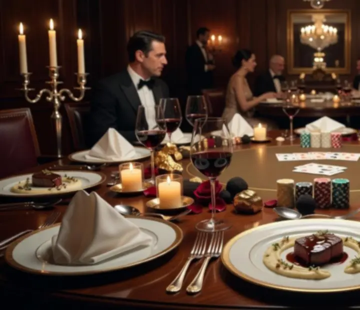 Wyrafinowana kolacja serwowana podczas wieczoru pokerowego w eleganckiej restauracji