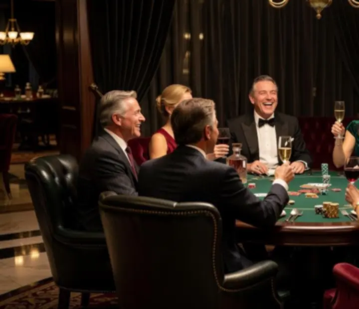 Goście śmiejący się przy stole pokerowym w eleganckiej restauracji