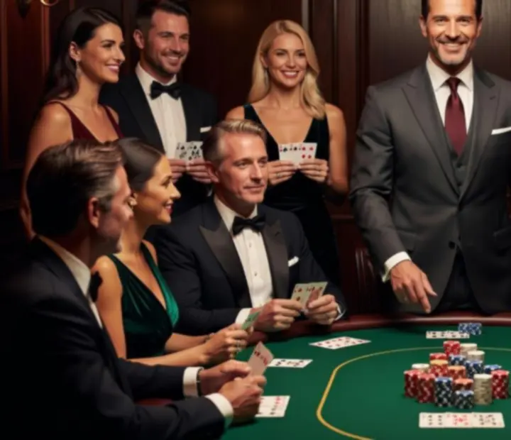 Charyzmatyczny prowadzący event pokerowy rozmawiający z gośćmi przy eleganckim stole