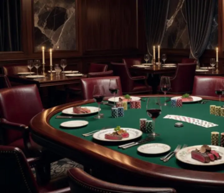 Karta dań gourmet, kieliszki z winem i elegancki stół pokerowy w restauracji