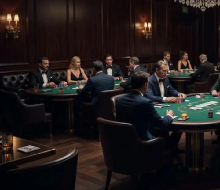Wieczorne, luksusowe wnętrze restauracji z elegancko zaaranżowanymi stołami pokerowymi i nastrojowym światłem