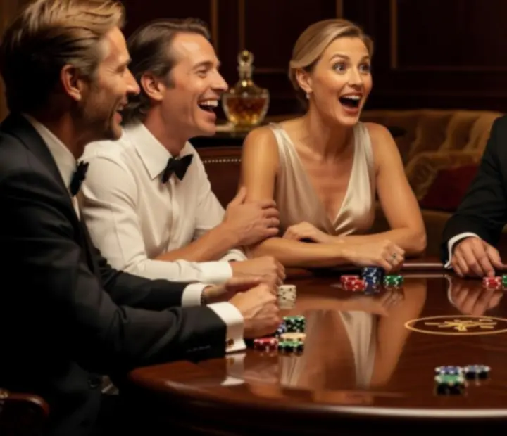 Goście przy stole pokerowym reagujący spontanicznym śmiechem i emocjami w eleganckim wnętrzu