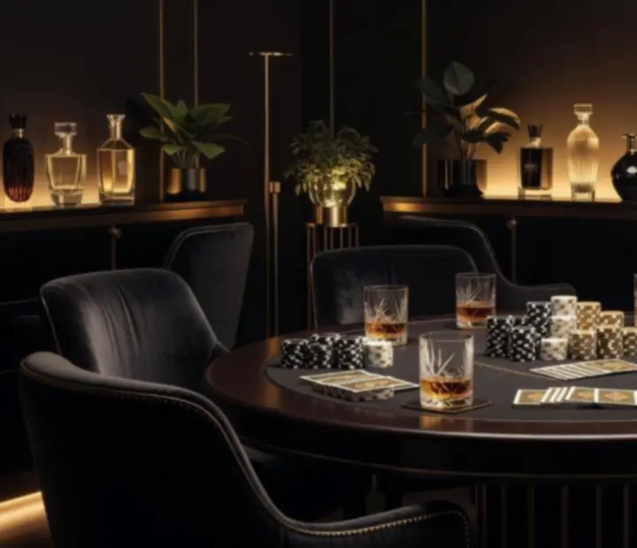 Kameralny, luksusowy lounge z sofami, nastrojowym światłem i profesjonalnym stołem pokerowym
