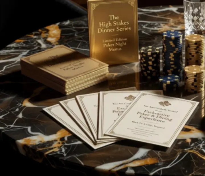 Katalog pakietów pokerowej rozrywki prezentowany na eleganckim stole.