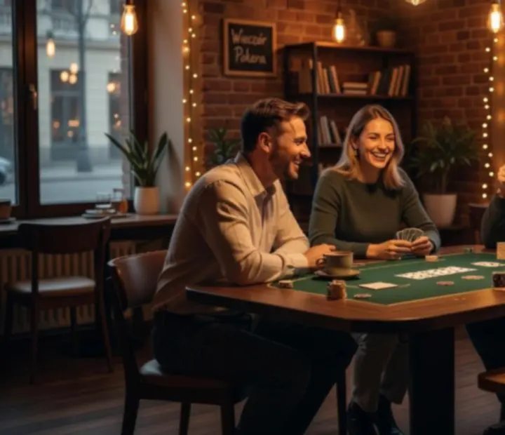 Stylowa kawiarnia podczas wieczornego eventu pokerowego dla gości.