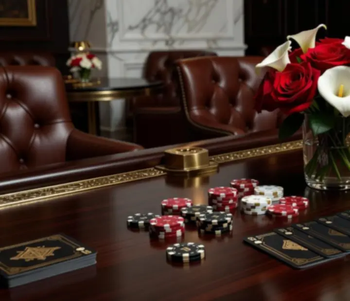Luksusowa aranżacja stołu pokerowego z mosiężnymi detalami, kamiennym blatem i świecami