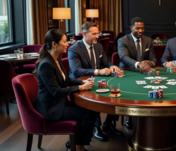 Korporacyjny wieczór pokerowy w eleganckiej restauracji z gośćmi w formalnych strojach