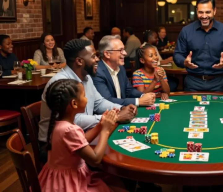Rodzinna celebracja przy pokerowym stole w przytulnej restauracji