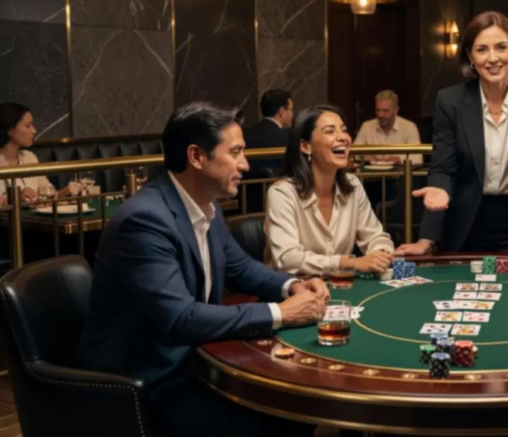 Team building przy stole pokerowym z uśmiechniętym zespołem