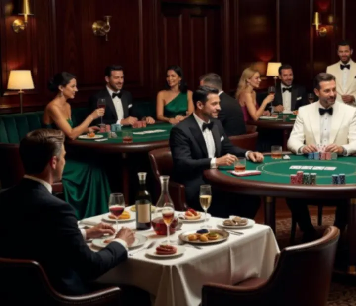 Ciemny, elegancki wieczór pokerowy w restauracji z profesjonalnie przygotowanymi stołami