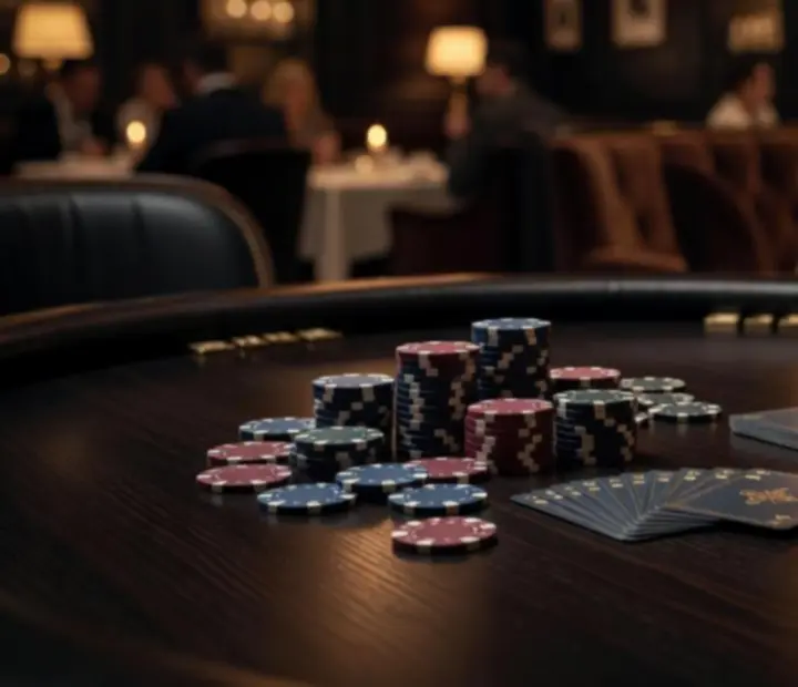 Stylowy stół pokerowy z eleganckimi żetonami, podświetlanymi elementami i ekskluzywnymi akcesoriami