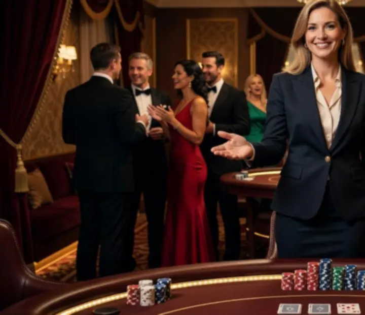 Profesjonalny gospodarz prowadzący elegancki wieczór pokerowy z uśmiechem i zaangażowaniem