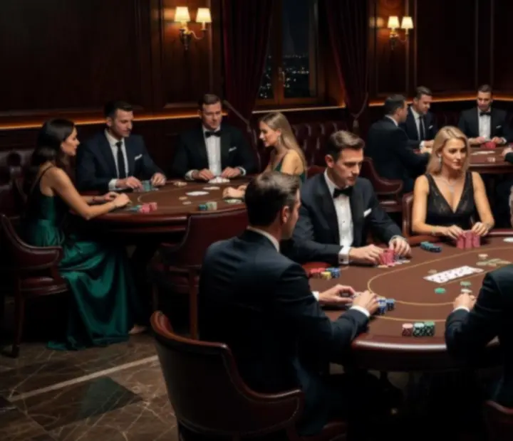 Elegancka restauracja w Warszawie z przygotowanymi stołami pokerowymi i nastrojowym oświetleniem