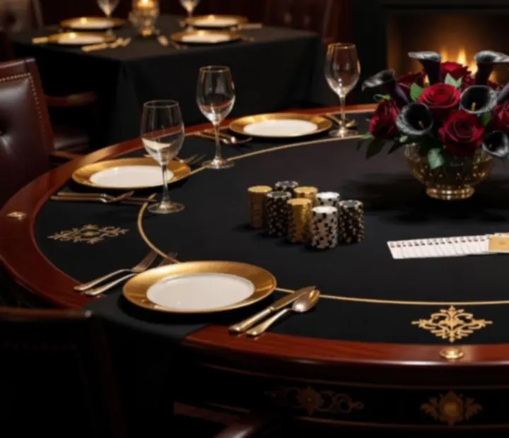 Zbliżenie na elegancko zaaranżowane stoły pokerowe z dopracowaną scenografią i oświetleniem