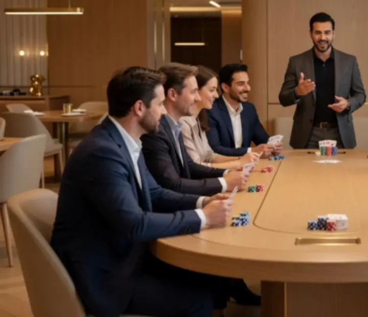 Team building w restauracji z pokerowymi stołami i zespołami grającymi przy nastrojowym świetle