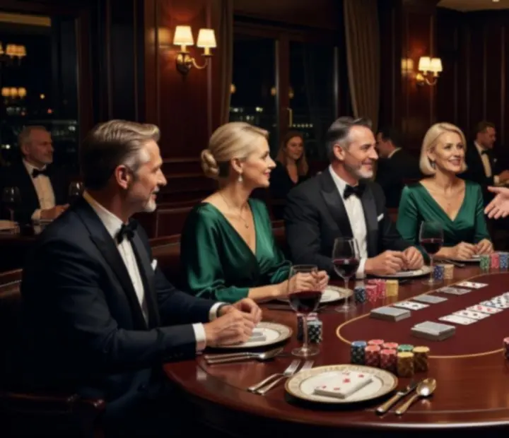 Elegancka restauracja z luksusowo zaaranżowanym stołem pokerowym i wieżą żetonów.